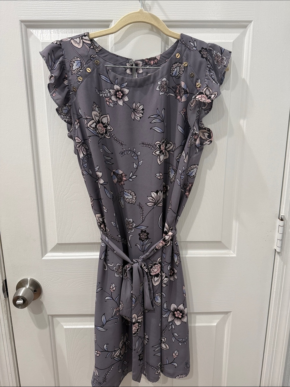 LOFT Gray Floral Ruffle-Sleeve Midi Dress